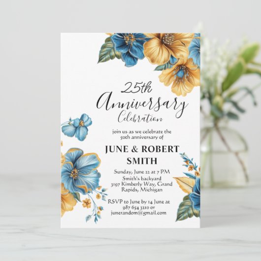 Golden Blue Blume 25. Hochzeitstag Einladung (Stehend Vorderseite)