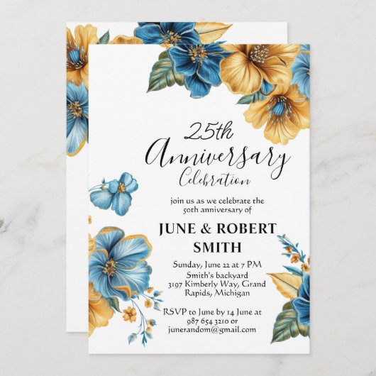 Golden Blue Blume 25. Hochzeitstag Einladung (Vorne/Hinten)