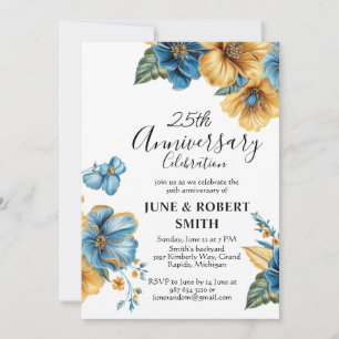 Golden Blue Blume 25. Hochzeitstag Einladung