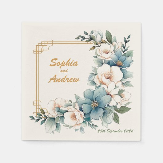 Golden Blue Blumen: Personalisierte HochzeitsNapki Serviette (Vorderseite)