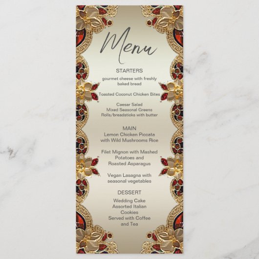 Golden Blume Red Gemstone Splendor Wedding Menu Menükarte (Vorderseite)