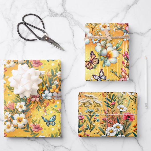 Golden Blumen Garten 3 Geschenkpapier Set (Vorderseite)
