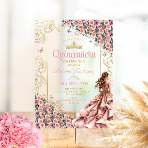 Golden Blush Pink Rosen Quinceañera  Acryleinladungen
