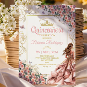 Golden Blush Pink Rosen Quinceañera  Einladung