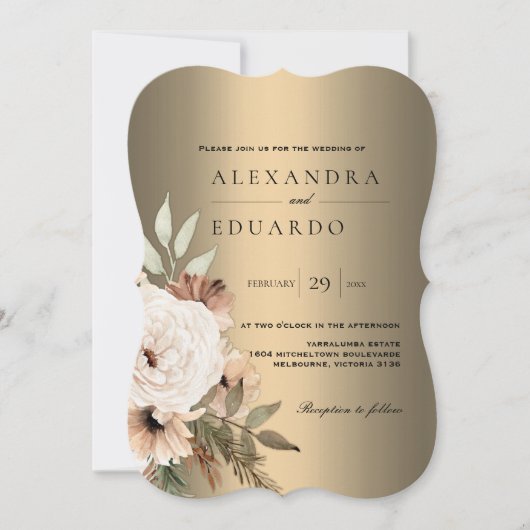 Golden Boho Elegance Kurve Wildblumen Hochzeit Einladung (Vorderseite)