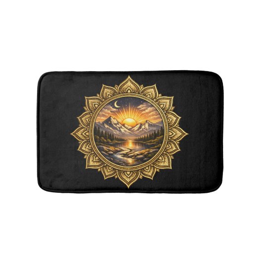 Golden Boho Mandala Mountain Sunset Art | Black Badematte (Vorderseite)