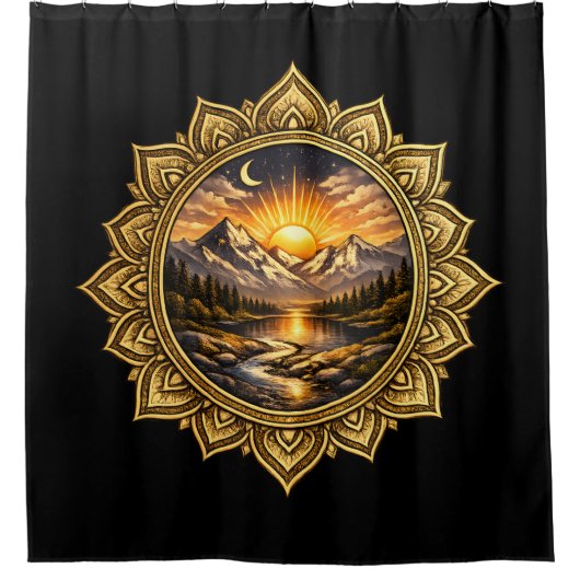 Golden Boho Mandala Mountain Sunset Art | Black Duschvorhang (Vorderseite)