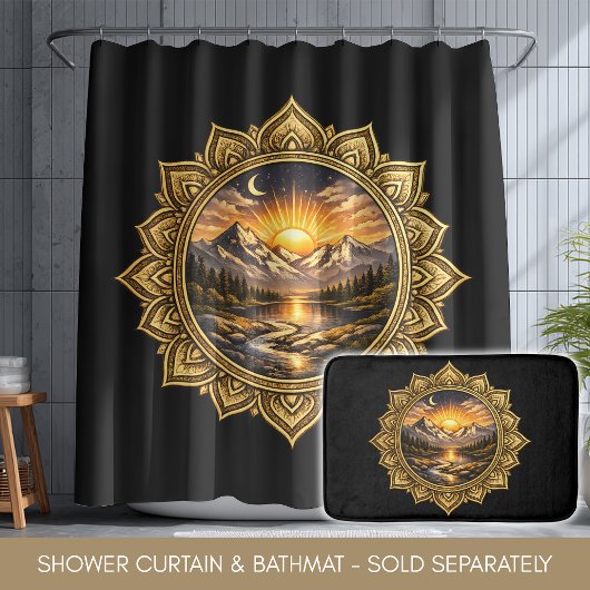 Golden Boho Mandala Mountain Sunset Art | Black Duschvorhang