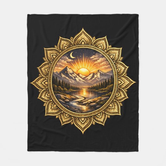 Golden Boho Mandala Mountain Sunset Art | Black Fleecedecke (Vorderseite)