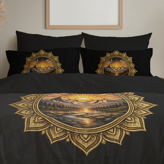 Golden Boho Mandala Mountain Sunset Art | Black Kissenbezug