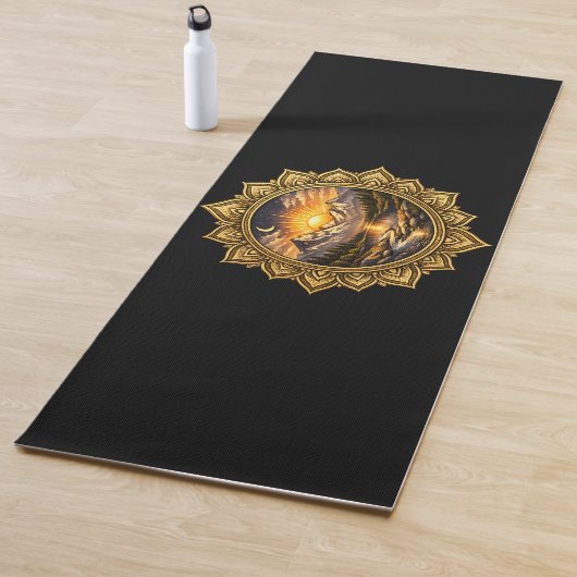 Golden Boho Mandala Mountain Sunset Art | Black Yogamatte (Beispiel)