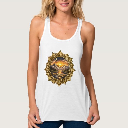 Golden Boho Mandala Mountain Sunset | Boho Sun Art Tank Top (Vorderseite)
