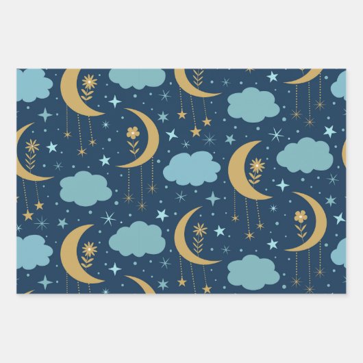 Golden Boho Moon mit Blume Wolken Geschenkpapier Set (Vorderseite)