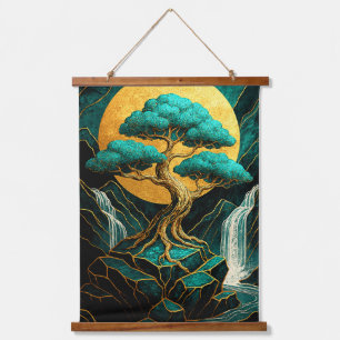 Golden Bonsai Mondlicht Teal Wasserfall Wandteppic Wandteppich Mit Holzrahmen