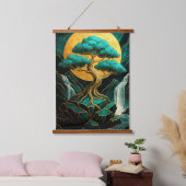 Golden Bonsai Moonlight  Teal Waterfall Wall Tape Wandteppich Mit Holzrahmen (Schlafzimmer)