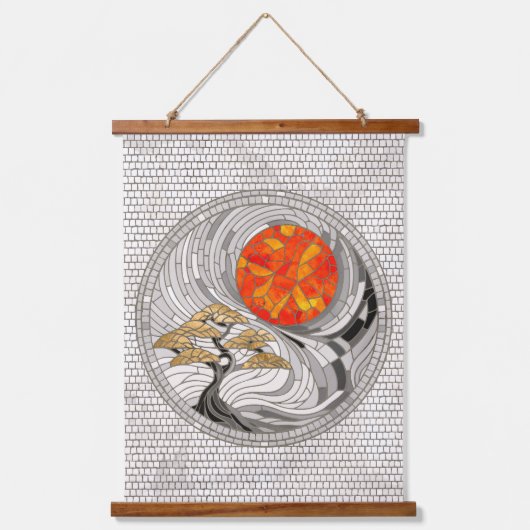 Golden Bonsai Sunrise Mosaic Wandteppich Mit Holzrahmen (Vorderseite)