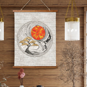 Golden Bonsai Sunrise Mosaic Wandteppich Mit Holzrahmen