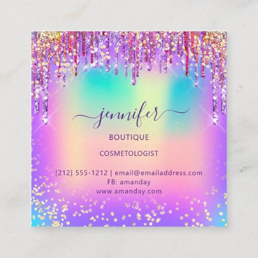 Golden Boutique Shop Glitzer Tropfen Holograph Quadratische Visitenkarte (Rückseite)