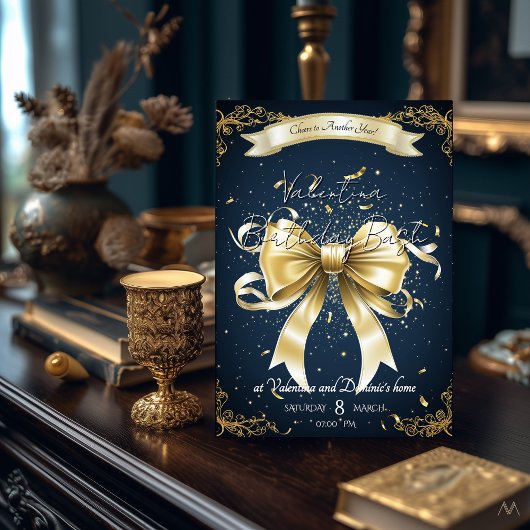 Golden Bow Birthday | Elegant Celebration Einladung