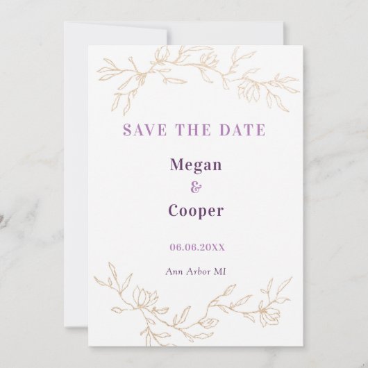 Golden Branches Wedding Design Lavander Save The Date (Vorderseite)