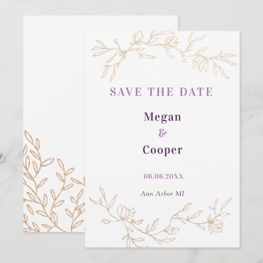 Golden Branches Wedding Design Lavander Save The Date (Vorne/Hinten)