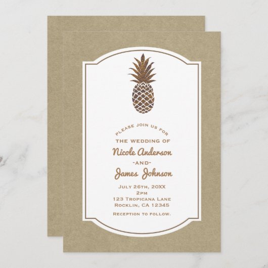 Golden Bronze Ananas Kraft Natural Tropical Einladung (Vorne/Hinten)