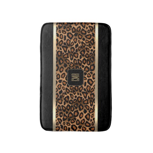 Golden Brown & Black Leopard Pattern - Monogramm Badematte (Vorderseite Vertikal)