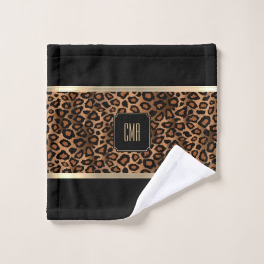 Golden Brown & Black Leopard Pattern - Monogramm Badhandtuch Set (Waschlappen)