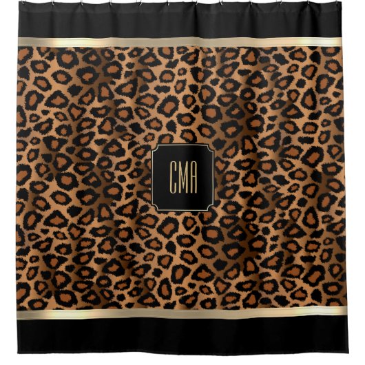 Golden Brown & Black Leopard Pattern - Monogramm Duschvorhang (Vorderseite)