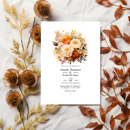Golden Brown Floral Spring Wedding Einladung