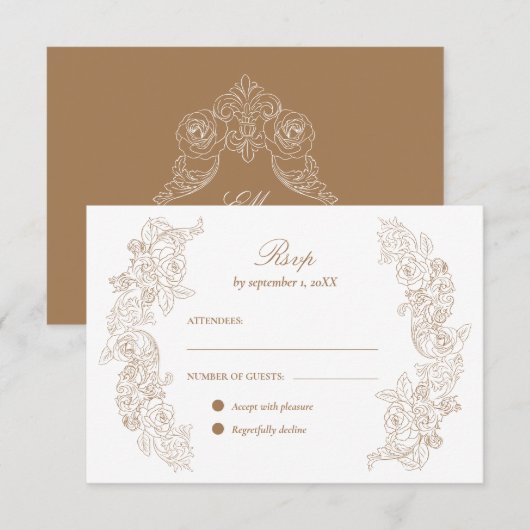 Golden Brown Romantic Ornaments Wedding RSVP Card Karte (Vorne/Hinten)