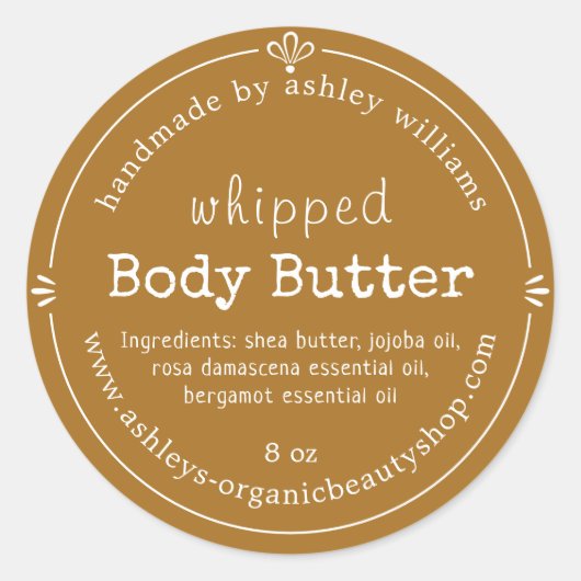 Golden Brown Script Handmade Body Butter Label Runder Aufkleber (Vorderseite)