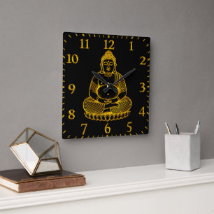 Golden Buddha Statue Meditieren in Friedlicher Pos Quadratische Wanduhr