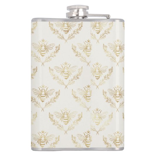 Golden Bumble Bee mit einem Kronmuster Monogramm Flachmann (Rückseite)