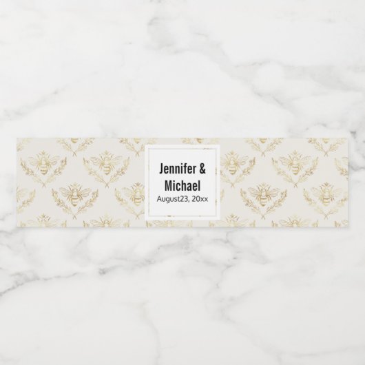 Golden Bumble Bee mit einer Crown Pattern Hochzeit Wasserflaschenetikett (Einzelnes Label)