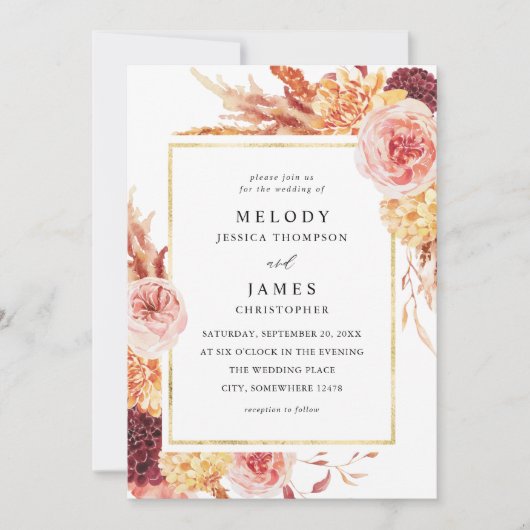 Golden Burgundy & Blush Pink Blues Blues Hochzeit Einladung (Vorderseite)