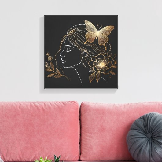 Golden Butterfly Crown on Feminine Profile Leinwanddruck (Insitu (Wohnzimmer))