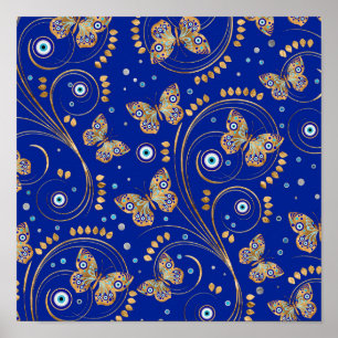 Golden Butterfly Evil Eye Pattern Poster