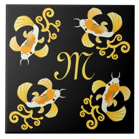 Golden Butterfly Koi Monogram Fliese (Vorderseite)
