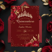 Golden Butterfly Rote Flora Rose Quinceanera Folieneinladung