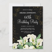 Golden Butterfly White Calla Lily Black Birthday Einladung (Vorderseite)
