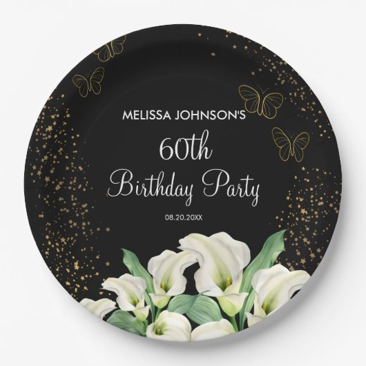 Golden Butterfly White Calla Lily Black Birthday Pappteller (Vorderseite)
