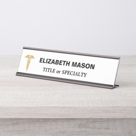 Golden Caduceus auf Weiß Schreibtischnamensplakette (Vorderseite )