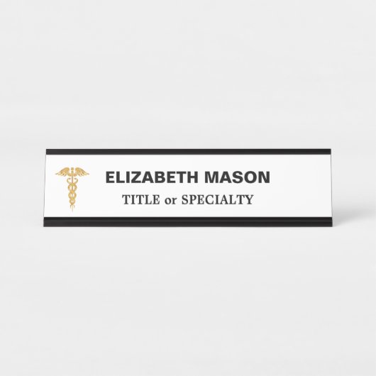 Golden Caduceus auf Weiß Schreibtischnamensplakette (Vorderseite )