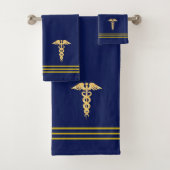 Golden Caduceus & Stripes on Navy Blue Badhandtuch Set (Insitu)