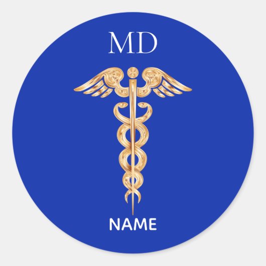 Golden Caduceus Symbol & Medical Doctor Monogram Runder Aufkleber (Vorderseite)