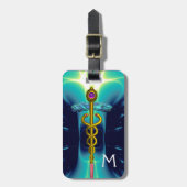 GOLDEN CADUCEUS SYMBOL MONOGRAM Aquamarin Blau Tür Gepäckanhänger (Vorderseite vertikal)