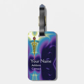 GOLDEN CADUCEUS SYMBOL MONOGRAMM Lila Blue Gepäckanhänger (Rückseite vertikal)