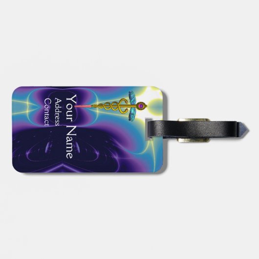 GOLDEN CADUCEUS SYMBOL MONOGRAMM Lila Blue Gepäckanhänger (Rückseite horizontal)