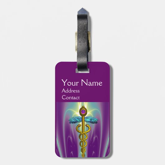 GOLDEN CADUCEUS SYMBOL MONOGRAMM Lila grün Gepäckanhänger (Rückseite vertikal)